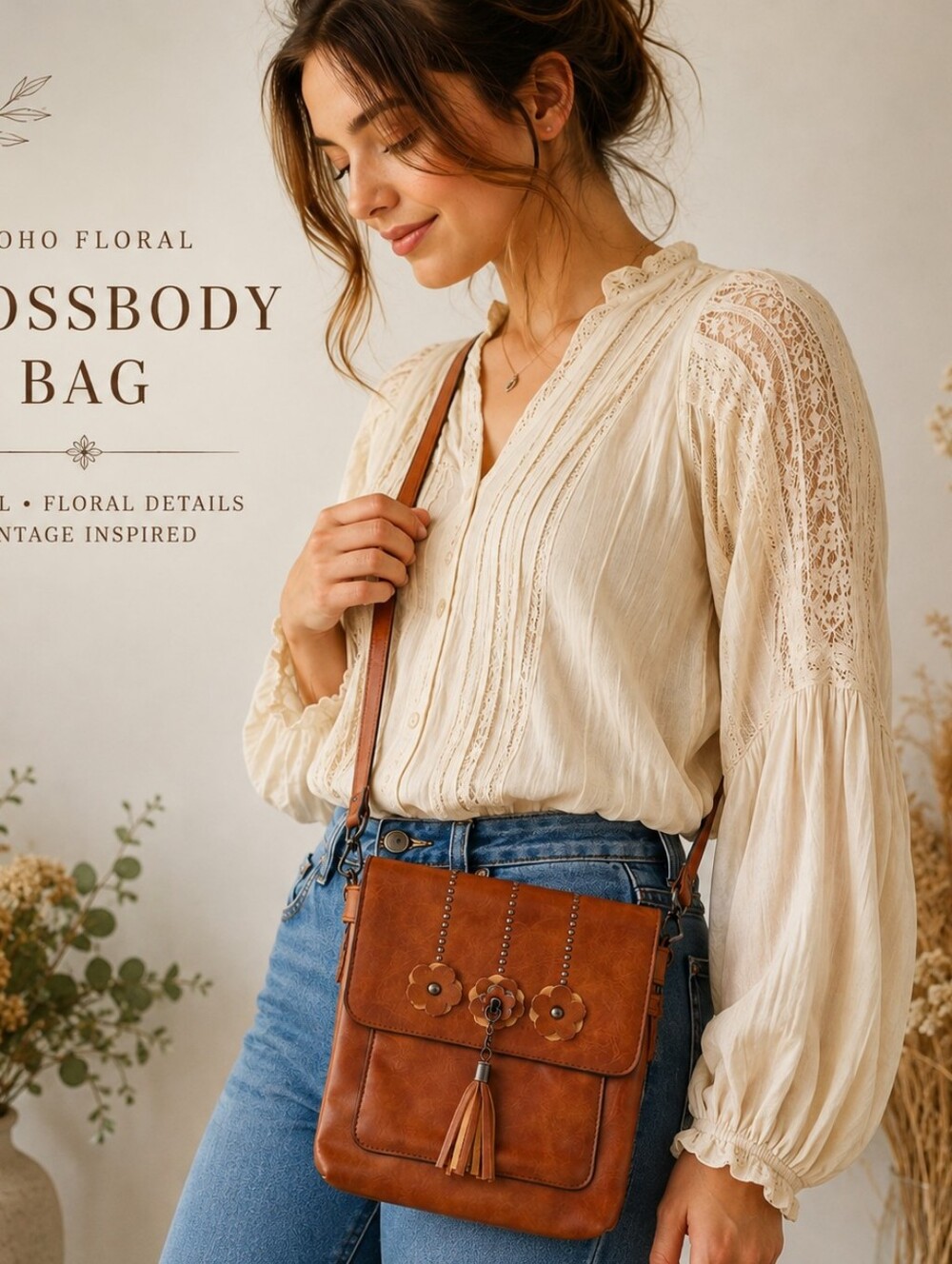 Boho Cognac Brown Floral Crossbody Bag Tassel Studded Adjustable Strap